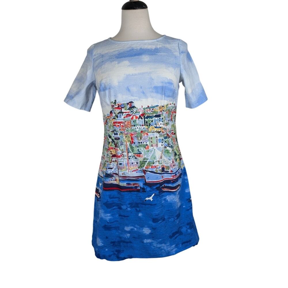 Rafaella Sz 6P Seaside Village Watercolor Coastal Town Print Short Sleeve Dress